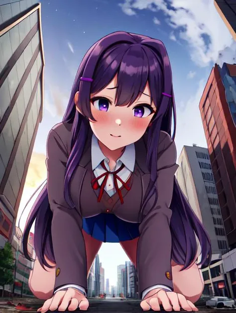 Yuri, purple eyes, hair ornament, hairclip, pleated skirt, skirt, purple hair, blue skirt, long hair, medium breasts, 1girl, jacket, very long hair, school uniform, huge breasts, long legs, <lora:Yuri:0.6>
detailed eyes, deep eyes, beautiful purple eyes, glowing purple eyes:1.2, symmetrical eyes, sharp eyes, detailed eyes, symmetrical face, perfect arms, perfect hands, perfect face, perfect legs,
blushing, horny, aroused, extremely detailed CG unity 8k wallpaper, best quality,32k,focus sharp,
night, night sky,
GTScity, 1girl, solo, (crawling over buildings, crawling:1.3), on all fours:1.5, looking down at viewer, in Tokyo, outdoors, detailed background, (fisheye:1.2), (perspective:1.3), full body, looming, low angle, from the ground, BREAK (16k, highres, high quality, masterpiece, ultra detailed, perfect lighting:1.1), <lora:GTSv5:1>, looking at viewer, destruction, rampage, debris, broken buildings, destroyed buildings, masterpiece, best quality, 1girl, solo, all fours, <lora:ThickerLines_RM-128_v1:0.3>