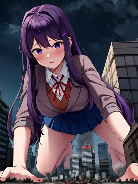 Yuri, purple eyes, hair ornament, hairclip, pleated skirt, skirt, purple hair, blue skirt, long hair, medium breasts, 1girl, jacket, very long hair, school uniform, huge breasts, long legs, <lora:Yuri:0.6>
detailed eyes, deep eyes, beautiful purple eyes, glowing purple eyes:1.2, symmetrical eyes, sharp eyes, detailed eyes, symmetrical face, perfect arms, perfect hands, perfect face, perfect legs,
blushing, horny, aroused, extremely detailed CG unity 8k wallpaper, best quality,32k,focus sharp,
night, night sky,
GTScity, 1girl, solo, (crawling over buildings, crawling:1.3), on all fours:1.5, looking down at viewer, in Tokyo, outdoors, detailed background, (fisheye:1.2), (perspective:1.3), full body, looming, low angle, from the ground, BREAK (16k, highres, high quality, masterpiece, ultra detailed, perfect lighting:1.1), <lora:GTSv5:1>, looking at viewer, destruction, rampage, debris, broken buildings, destroyed buildings, masterpiece, best quality, 1girl, solo, all fours, <lora:ThickerLines_RM-128_v1:0.3>
destruction, rampage, huge craters, ravines, cracks in the ground, earthquake, smoke, fire, destroyed city, ruins, rubble, debris, crumbling, destroyed buildings, knocked over buildings, toppled skyscrapers, crumbling buildings, falling buildings, rampage in the city, destruction in the city,