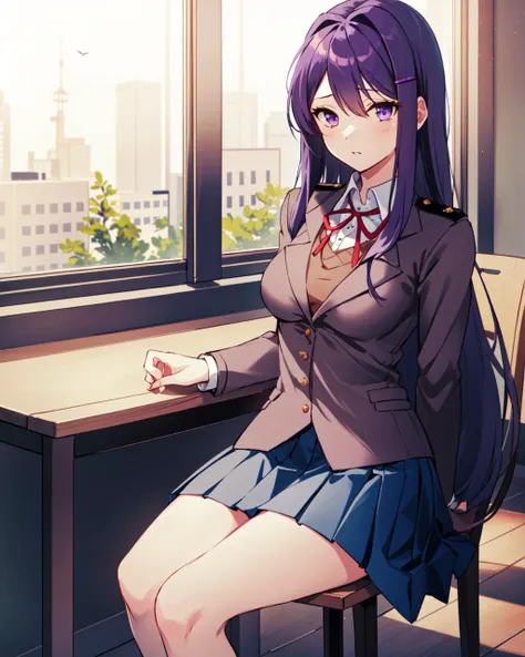 masterpiece, high quality, Yuri, purple eyes, hair ornament, hairclip, pleated skirt, skirt, purple hair, blue skirt, long hair, medium breasts, 1girl, solo, breasts, jacket, very long hair, uniform, sitting, indoors, room, table, chair, <lora:YuriV1:0.6>
