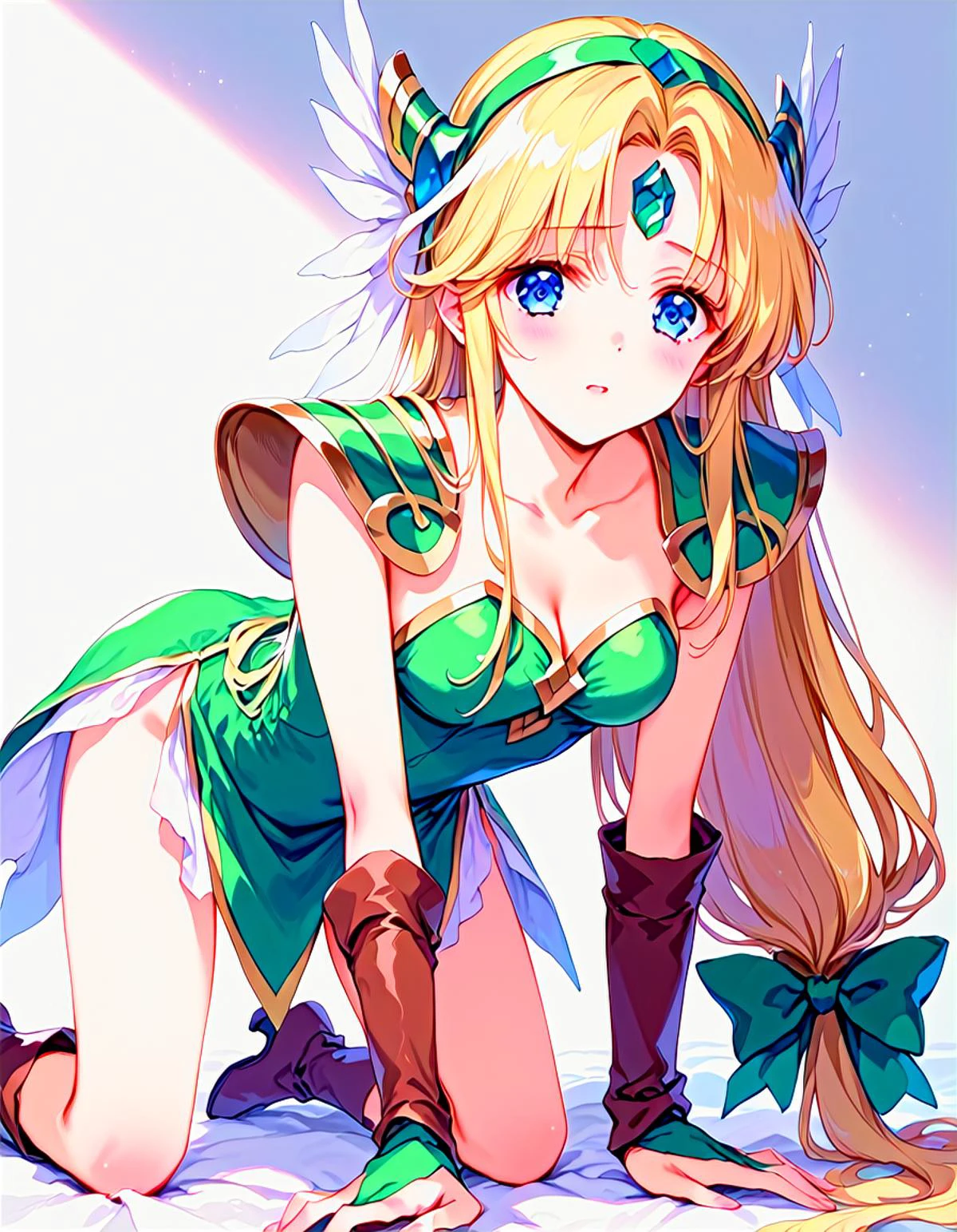 [AutismMix is merged by Autismix_anon, ebara pony is merged by tsukihara:100], [zPDXLxxx::0.6], score_9, score_8_up, score_7_up, rating_questionable, source_anime, best quality, masterpiece, dreamy watercolor, depth of field, fcx, fyx, phc, yuh, very aesthetic, absurdres, retro style, depth of field, <lora:Expressive_H-000001:0.4>, Expressiveh, <lora:flat_sdxl:-0.2>, <lora:pony_good_hands:0.2>, good_hands, <lora:iris_size_control2_pony_02:0.4>, <lora:detail_eyes-000019:0.2>, [this lora made by sadsilly:100], detail1eye, <lora:PE_AnimeBG:0.6>, PE_AnimeBG, anime, 1girl, long eyelashes, ultra detailed eyes, beautiful eyes, bright eyes, faint lips BREAK <lora:riesz_XL-bf16-pony-v1:1>, riesz, original, blonde hair, blue eyes, very long hair, low-tied long hair, eyebrows visible through hair, parted bangs, sidelocks, hair bow, green bow, forehead jewel, winged helmet, strapless dress, green dress, short dress, shoulder armor, pauldrons, bridal gauntlets, fingerless gloves, elbow gloves, bracer, vambraces, ankle boots, brown footwear BREAK all fours, blush, embarrassed