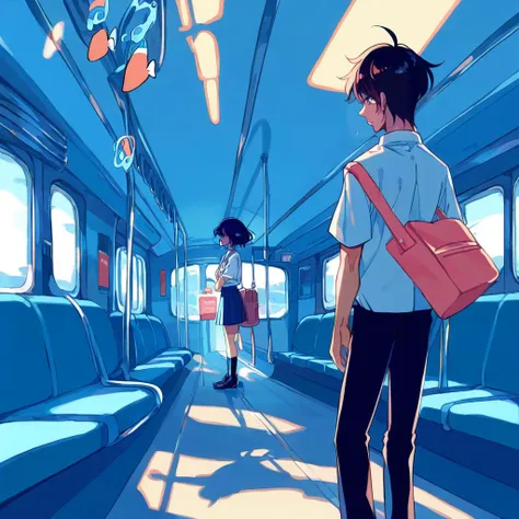 score_9, score_8_up, score_7_up, train interior, fish, bubble, hand grip, black hair, wide shot, short hair, shirt, skirt, 1boy, bag, surreal, pants, 1girl, white shirt, short sleeves, school uniform, multiple girls, 2girls, shoes, standing, limited palette, black pants, shadow, pleated skirt, socks, <lora:ichigoame-xl-v2-000010:1>,