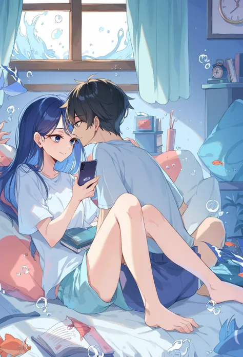 score_9, score_8_up, score_7_up, 1girl, 1boy, black hair, barefoot, long hair, shirt, clock, sitting, curtains, pants, indoors, fish, window, phone, short hair, bed, bubble, bedroom, knees up, shorts, short sleeves, on bed, book, profile, white shirt, smile, grey shirt, ligne claire, cellphone, blue theme, pillow, blue eyes, bare legs, tropical fish, long sleeves, digital clock, underwater, smartphone, skirt, <lora:ichigoame-xl-v2-000010:1>,