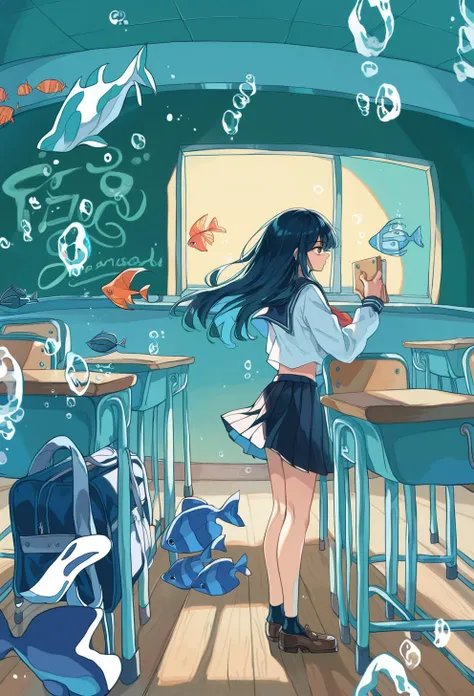 score_9, score_8_up, score_7_up, 1girl, fish, desk, classroom, chalkboard, long hair, skirt, school desk, bubble, solo, black hair, chair, indoors, school uniform, black skirt, shirt, wide shot, surreal, pleated skirt, school chair, limited palette, white shirt, standing, serafuku, long sleeves, holding, air bubble, underwater, tropical fish, shadow, bag, window, goldfish, sailor collar, <lora:ichigoame-xl-v2-000010:1>,