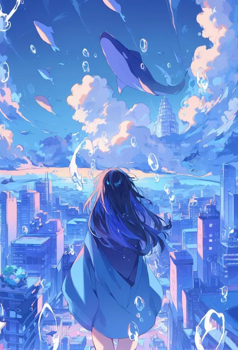 score_9, score_8_up, score_7_up, 1girl, whale, city, cloud, sky, building, long hair, bubble, scenery, solo, outdoors, cityscape, blue theme, ligne claire, black hair, blue sky, surreal, skyscraper, from behind, fish, facing away, cloudy sky, underwater, <lora:ichigoame-xl-v2-000010:1>,