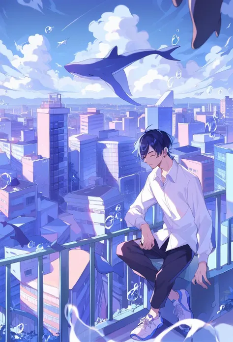 score_9, score_8_up, score_7_up, cloud, building, 1boy, sky, shirt, solo, outdoors, white shirt, pants, wide shot, shoes, male focus, collared shirt, white footwear, whale, bubble, sitting, blue sky, city, blue theme, shadow, skyscraper, black hair, black pants, scenery, rooftop, day, shark, cloudy sky, closed eyes, cityscape, sneakers, ligne claire, long sleeves, railing<lora:ichigoame-xl-v2-000010:1>,