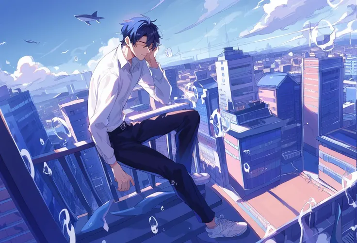 score_9, score_8_up, score_7_up, cloud, building, 1boy, sky, shirt, solo, outdoors, white shirt, pants, wide shot, shoes, male focus, collared shirt, white footwear, whale, bubble, sitting, blue sky, city, blue theme, shadow, skyscraper, black hair, black pants, scenery, rooftop, day, shark, cloudy sky, closed eyes, cityscape, sneakers, ligne claire, long sleeves, railing<lora:ichigoame-xl-v2-000010:1>,