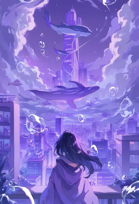 score_9, score_8_up, score_7_up, 1girl, whale, city, cloud, sky, building, long hair, bubble, scenery, solo, outdoors, cityscape, purple theme, ligne claire, black hair, purple sky, surreal, skyscraper, from behind, fish, facing away, cloudy sky, underwater, <lora:ichigoame-xl-v2-000010:1>,