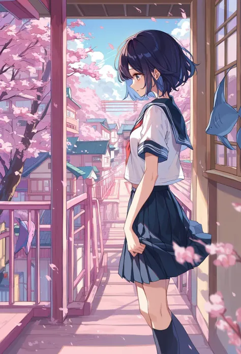 score_9, score_8_up, score_7_up, 1girl, railing, stairs, solo, skirt, fish, black skirt, black hair, school uniform, white shirt, wide shot, cherry blossoms, shirt, pleated skirt, outdoors, against railing, bubble, scenery, socks, serafuku, petals, short hair, window, medium hair, balcony, building, sailor collar, sky, standing, short sleeves, flying fish, <lora:ichigoame-xl-v2-000010:1>,