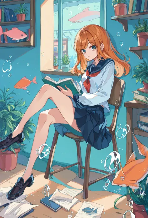 score_9, score_8_up, score_7_up, 1girl, solo, bubble, fish, skirt, school uniform, orange hair, book, sitting, sailor collar, plant, long hair, serafuku, red neckerchief, neckerchief, potted plant, long sleeves, shoes, shirt, pleated skirt, black skirt, white shirt, indoors, window, bookshelf, black footwear, underwater, shelf, air bubble, chair, desk, wide shot, holding, book stack, black sailor collar, limited palette, looking at viewer, crossed legs, surreal, ligne claire, paper, brown hair, <lora:ichigoame-xl-v2-000010:1>,