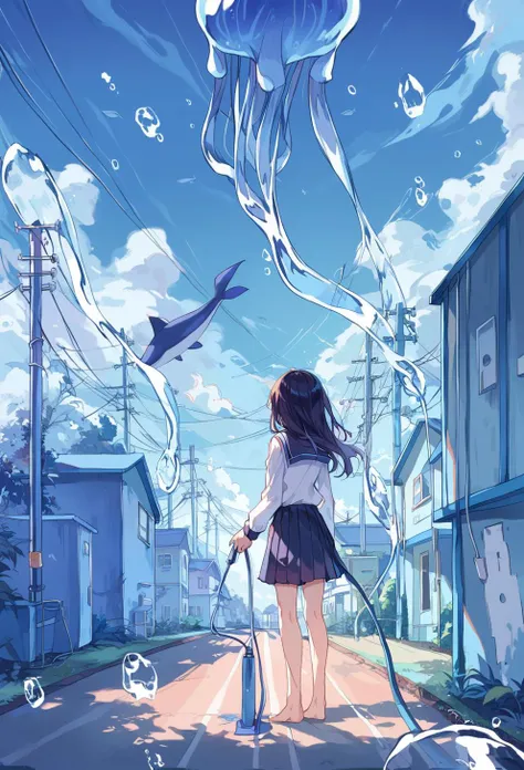 score_9, score_8_up, score_7_up, 1girl, ligne claire, solo, skirt, cloud, sky, black hair, long hair, outdoors, white shirt, shirt, barefoot, blue sky, building, from behind, wide shot, hose, black skirt, power lines, day, whale, standing, utility pole, scenery, blue theme, fish, holding, water, school uniform, pleated skirt, shadow, bubble, jellyfish, long sleeves, surreal, tree, facing away, cloudy sky, house, <lora:ichigoame-xl-v2-000010:1>,