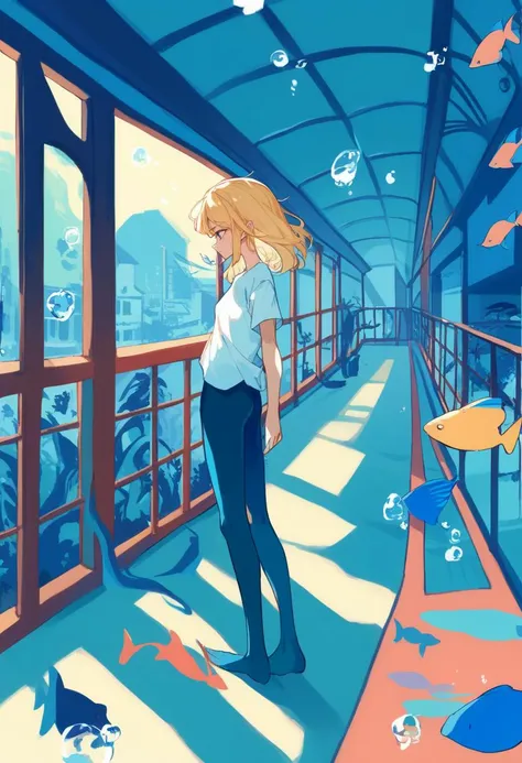 score_9, score_8_up, score_7_up, 1girl, solo, blonde hair, bubble, limited palette, shirt, ligne claire, fish, wide shot, railing, indoors, white shirt, pantyhose, flat color, blue theme, <lora:ichigoame-xl-v2-000010:1>,