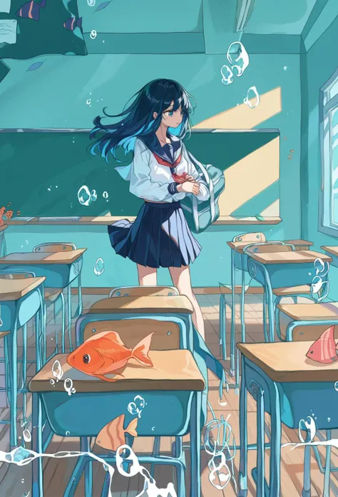 score_9, score_8_up, score_7_up, 1girl, fish, desk, classroom, chalkboard, long hair, skirt, school desk, bubble, solo, black hair, chair, indoors, school uniform, black skirt, shirt, wide shot, surreal, pleated skirt, school chair, limited palette, white shirt, standing, serafuku, long sleeves, holding, air bubble, underwater, tropical fish, shadow, bag, window, goldfish, sailor collar, <lora:ichigoame-xl-v2-000010:1>,