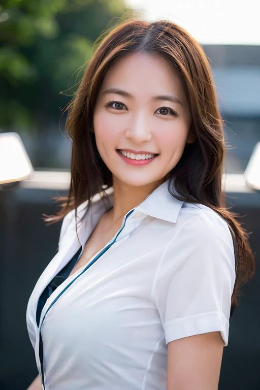 1girl, happy, smiling, (at street:1.2), ((office uniform:1.2)),night, RAW photo, (photorealistic:1.37, realistic), highly detailed CG unified 8K wallpapers, looking at viewer, (((straight from front))), (HQ skin:1.8, shiny skin), 8k uhd, dslr, soft lighting, high quality, film grain, Fujifilm XT3, ((upper body:1.6)), (professional lighting:1.6)