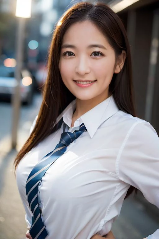 1girl, happy, smiling, (at street:1.2), ((office uniform:1.2)),night, RAW photo, (photorealistic:1.37, realistic), highly detailed CG unified 8K wallpapers, looking at viewer, (((straight from front))), (HQ skin:1.8, shiny skin), 8k uhd, dslr, soft lighting, high quality, film grain, Fujifilm XT3, ((upper body:1.6)), (professional lighting:1.6)