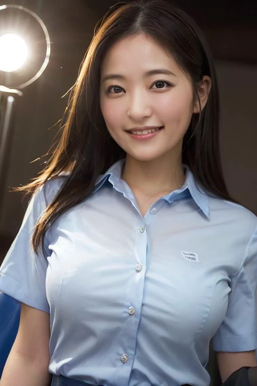 1girl, happy, smiling, (at street:1.2), ((office uniform:1.2)),night, RAW photo, (photorealistic:1.37, realistic), highly detailed CG unified 8K wallpapers, looking at viewer, (((straight from front))), (HQ skin:1.8, shiny skin), 8k uhd, dslr, soft lighting, high quality, film grain, Fujifilm XT3, ((upper body:1.6)), (professional lighting:1.6)