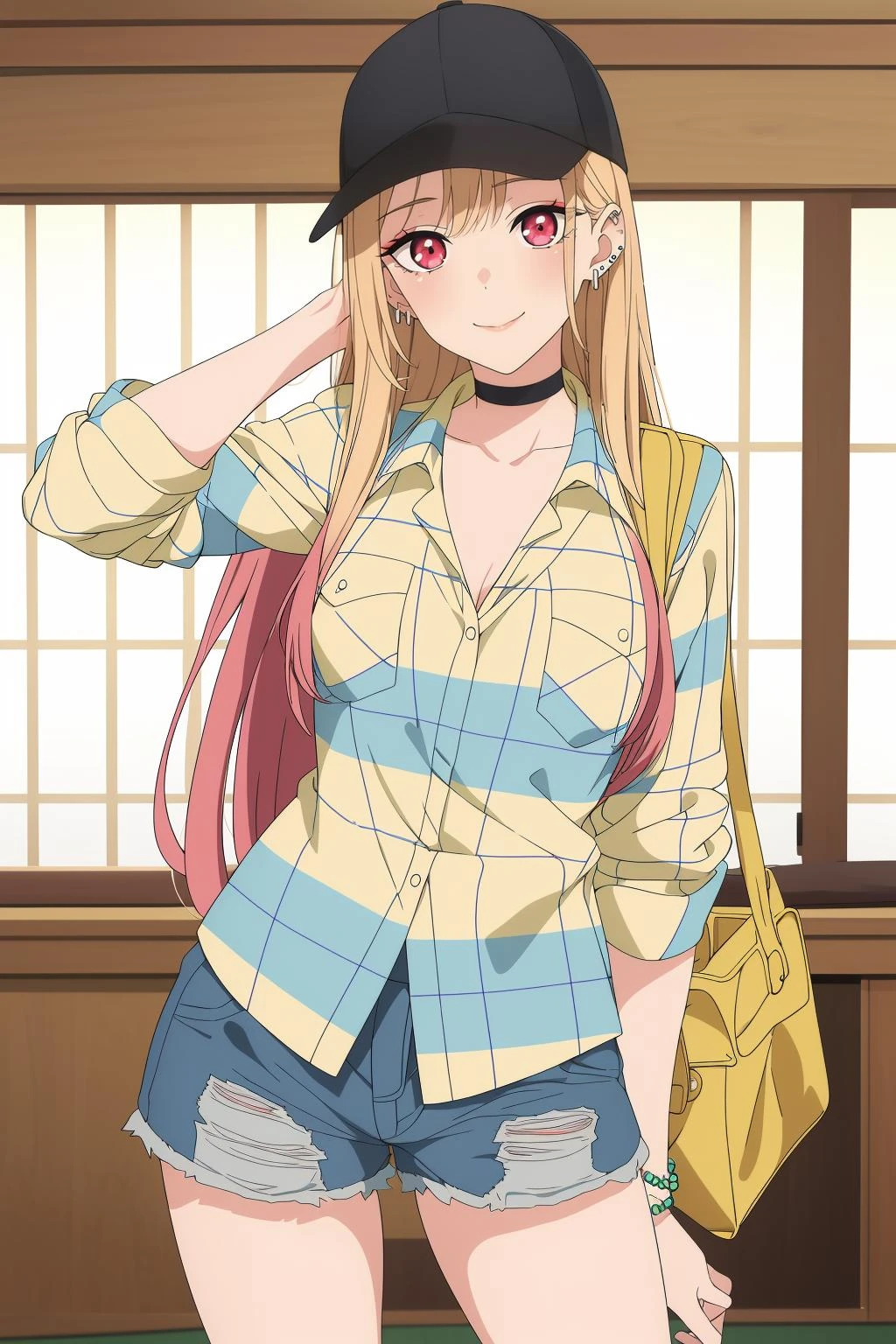 <lora:åå¤å·æµ·æ¢¦2V:0.6>,åå¤å·æµ·æ¢¦,1girl,solo,long hair,blonde hair,ear piercing,earrings,bangs,multicolored hair,gradient hair,red eyes,very long hair,eyelashes,medium breasts,large breasts,smile,:p,
black choker,striped shirt,pocket,collared shirt,collarbone,jewelry,plaid shirt,short shorts,torn shorts,denim shorts,bead bracelet,blue shorts,sleeves rolled up,unbuttoned,open fly,clothes pull,yellow bag,baseball cap,black headwear,, Exquisite visuals, high-definition,masterpiece,best quality,, 20yo,Young female,Beautiful Finger,Beautiful long legs,Beautiful body,Beautiful Nose,Beautiful character design, perfect eyes, perfect face,expressive eyes,
looking at viewer,
official art,extremely detailed CG unity 8k wallpaper, perfect lighting,Colorful, Bright_Front_face_Lighting,shiny skin,
(masterpiece:1.0),(best_quality:1.0), ultra high res,4K,ultra-detailed,
photography, 8K, HDR, highres, absurdres:1.2, Kodak portra 400, film grain, blurry background, bokeh:1.2, lens flare, (vibrant_color:1.2), (beautiful_face:1.5),(narrow_waist), ,NSFW,