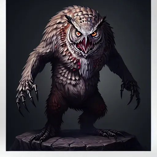 Portrait of a Undead, Zombie, skeletal Owlbear standing atop bones:70, Volumetric lighting, concept art, brush stroke style, artstation, trending, highly detailed.