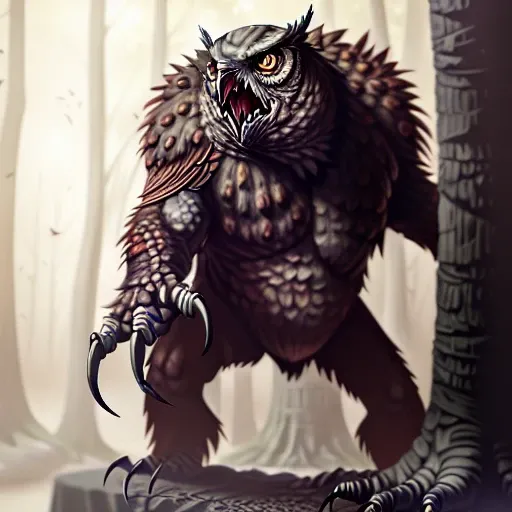 Portrait of a Undead, Zombie, skeletal Owlbear standing atop bones:70, Volumetric lighting, concept art, brush stroke style, artstation, trending, highly detailed.