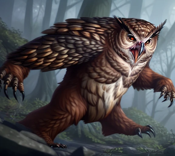 flying Owlbear with demon wings, Volumetric lighting, concept art, brush stroke style, artstation, trending, highly detailed.
