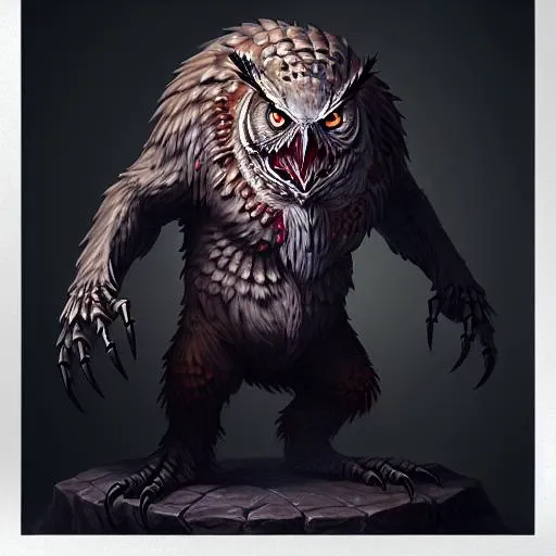 Portrait of a Undead, Zombie, skeletal Owlbear standing atop bones:70, Volumetric lighting, concept art, brush stroke style, artstation, trending, highly detailed.