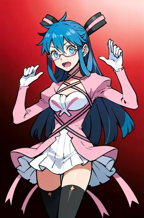 solo, <lora:Midori:0.9> midoridesu, blue eyes, blue hair, long hair, glasses, hair ribbon, ribbon, pink dress, black thighhighs, gloves, surprised, hands up, open mouth, <lora:Sugimori_Ken_Style_v3:0.7>, absurdres, ultra detailed, masterpiece, best quality, aesthetic, detailed,
