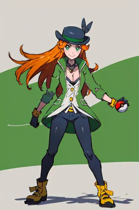 smile, coin on string, <lora:Leprecon_Artist:0.8> 1girl, green eyes, orange hair, long hair, medium breasts, hat, gloves, cleavage, jewelry, green jacket, <lora:Sugimori_Ken_Style_v3:0.7> full body, holding poke ball, pokemon stadium,, absurdres, ultra detailed, masterpiece, best quality, aesthetic, detailed,