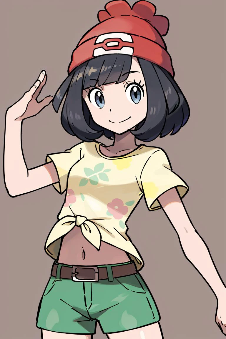 <lora:Sugimori_Ken_Style_v3:0.7>, ((masterpiece,best quality)), absurdres, <lora:selene_(pokemon)_v1:0.7>, selene \(pokemon\), solo, grey eyes, black hair, green shorts, red headwear, beanie, shirt, tied shirt, floral print, short hair, short sleeves, short shorts, striped, yellow shirt, belt, midriff, solo, smiling, looking at viewer, cowboy shot, ,