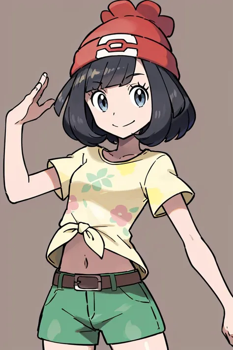 <lora:Sugimori_Ken_Style_v3:0.7>, ((masterpiece,best quality)), absurdres,  <lora:selene_(pokemon)_v1:0.7>,  selene \(pokemon\), solo, grey eyes, black hair, green shorts, red headwear, beanie, shirt, tied shirt, floral print, short hair, short sleeves, short shorts, striped, yellow shirt, belt, midriff,  solo, smiling, looking at viewer, cowboy shot,  ,