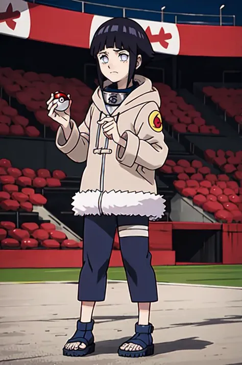 standing, shy, blush, <lora:HinataHyuga:0.8> hyuuga hinata, 1girl, black hair, short hair, white eyes, no pupils, jacket, coat, forehead protector, fur trim, konohagakure symbol, long sleeves, pant, sandals, <lora:Sugimori_Ken_Style_v3:0.7> holding poke ball, stadium, arena,, absurdres, ultra detailed, masterpiece, best quality, aesthetic, detailed,