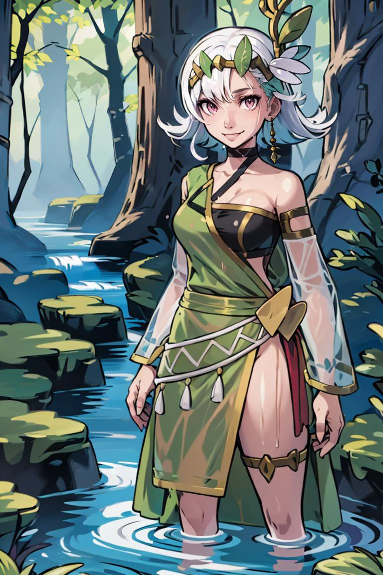 <lora:Sugimori_Ken_Style_v3:0.7>, ((masterpiece,best quality)), absurdres, <lora:Lily_Everhart_v2:0.8>, Lily_Everhart, white hair, looking at viewer, smile, hair ornament, dress, bare shoulders, jewelry, medium breasts, closed mouth, collarbone, earrings, detached sleeves, choker, pink eyes, see-through, black choker, green dress, see-through sleeves, solo, looking at viewer, forest, grass, nature, original, ruins, scenery, tree, outdoors, peaceful, scenery, standing, stream, tree, wading, water, wet, wet clothes, wet shirt, white shirt