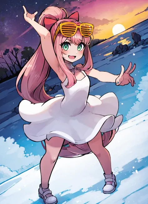 ((best quality)), ((highly detailed)), , (1girl), <lora:slim_tall-plump_short:1.25>, dynamic pose, full body, ((very wide shot)), ((<lora:shuttershades-v1:1>, blue shutter shades)), <lora:hairdetailer:.5>, <lora:ddlc-10:1>, Monika_(doki doki literature club), (green eyes), brown hair, bangs, very long hair, long hair, ponytail, sidelocks, hair bow, white bow, :D, white sundress, sunset, (outdoors, at the tundra, aurora, noon, blizzard), <lora:Sugimori_Ken_Style_v3:.7>