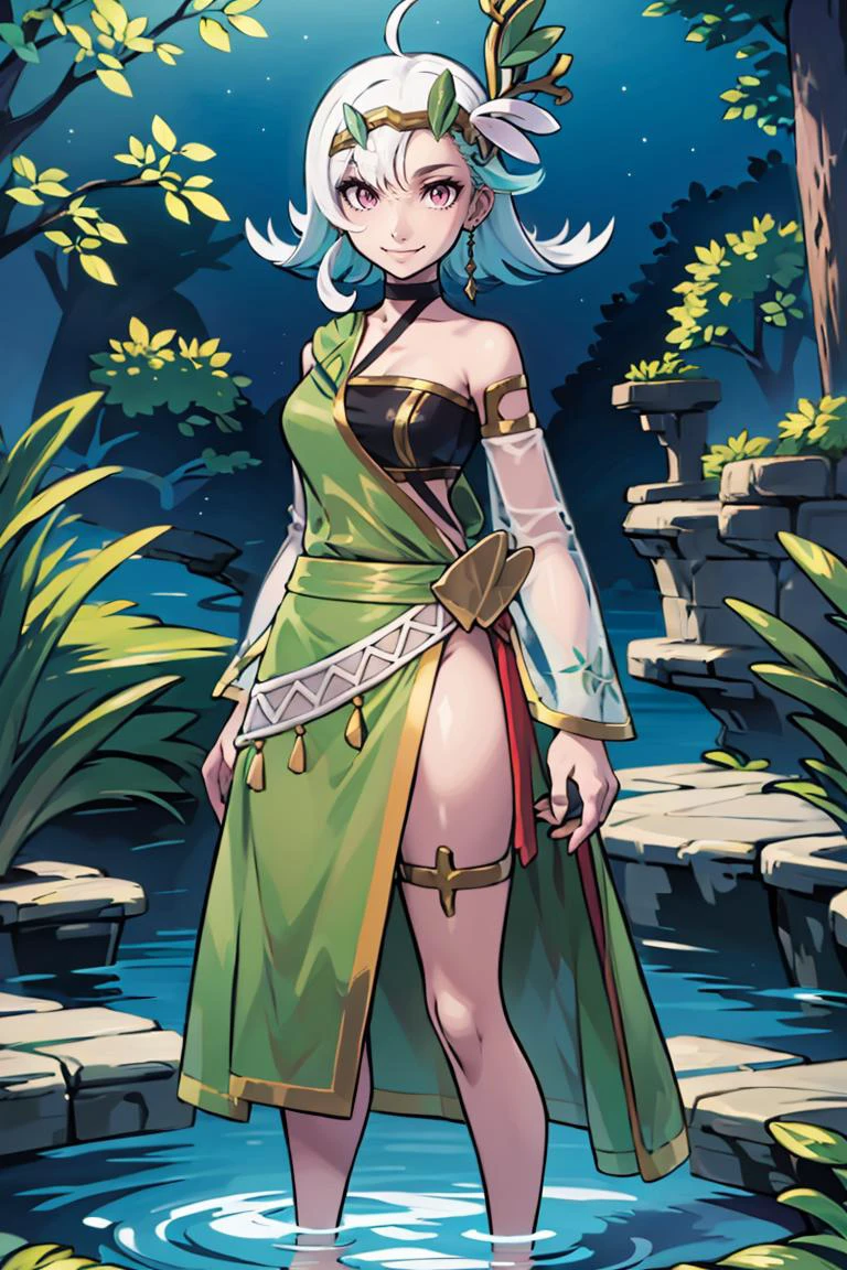 <lora:Sugimori_Ken_Style_v3:0.7>, ((masterpiece,best quality)), absurdres, <lora:Lily_Everhart_v2:0.8>, Lily_Everhart, looking at viewer, smile, hair ornament, dress, bare shoulders, jewelry, medium breasts, closed mouth, collarbone, earrings, detached sleeves, choker, pink eyes, see-through, black choker, green dress, see-through sleeves, starry solo, smile, looking at viewer, partially submerged, plant, pocket, pond, tree, river, scenery, lake, wadding, water,