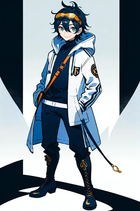 <lora:Sugimori_Ken_Style_v3:0.7> white and blue and black theme,, absurdres, ultra detailed, masterpiece, best quality, aesthetic, detailed,, ultra detailed, masterpiece, best quality, solo, smile, 1boy, green eyes, short hair, black hair, bangs, hair between eyes, messy hair, (goggles on head:1.2),, headband, white coat, hooded coat, hood down, open coat, turtleneck, capri pants, pants, black knee boots,