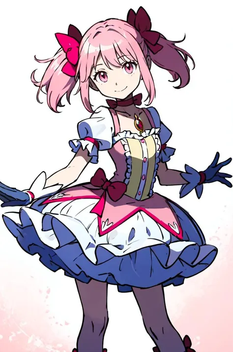 <lora:Madoka:1> MadokaAi, kaname madoka, pink eyes, pink hair, short hair, bangs, short twintails, small breasts, magical girl, rose, hair bow, hair ribbon, bow, ribbon, red ribbon, pink bow, red choker, ribbon choker, collarbone, soul gem, frills, dress, buttons, puffy sleeves, frilled sleeves, white gloves, bubble skirt, socks, shoes, 
smile, abstract background, reaching towards viewer, open hand, pink and white white background, cowboy shot, bow,  <lora:Sugimori_Ken_Style_v3:0.7>, absurdres, ultra detailed, masterpiece, best quality, aesthetic, detailed,