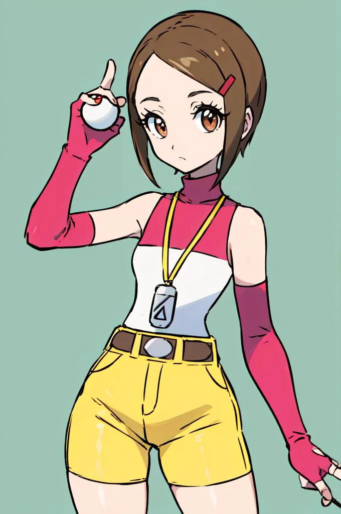 <lora:Hikari:1> HikariDef, brown eyes, red eyes, brown hair, short hair, hair ornament, hairclip, sleeveless shirt, turtleneck, bare shoulders, elbow gloves, fingerless gloves, high-waist shorts, yellow shorts, belt, jewelry, <lora:Sugimori_Ken_Style_v3:0.7> holding poke ball,, absurdres, ultra detailed, masterpiece, best quality, aesthetic, detailed,