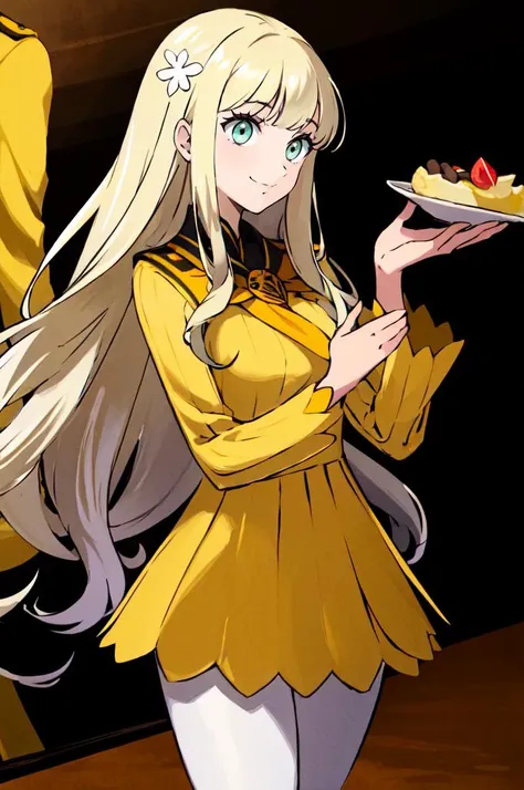 smile, holding food, lots of food, <lora:zs_Rei:1> reipq, green eyes, blonde hair, very long hair, hair ornament, yellow uniform, grey skirt, white pantyhose, cowboy shot, <lora:Sugimori_Ken_Style_v3:0.7>, absurdres, ultra detailed, masterpiece, best quality, aesthetic, detailed,