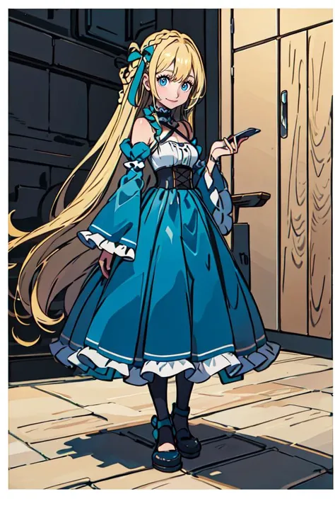 <lora:Sugimori_Ken_Style_v3:0.7> <lora:Marina_Lucce_Maxetto_OC_v2:0.7> smile, Marina_Lucce_Maxetto_OC, 1girl, solo, blonde, very long hair, french braid, hair ribbon, frilled choker, criss-cross halter, sleeveless dress, high-waist skirt, backless dress, waist bow, detached sleeves, frilled sleeves, wide sleeves, pantyhose,, absurdres, ultra detailed, masterpiece, best quality, aesthetic, detailed,