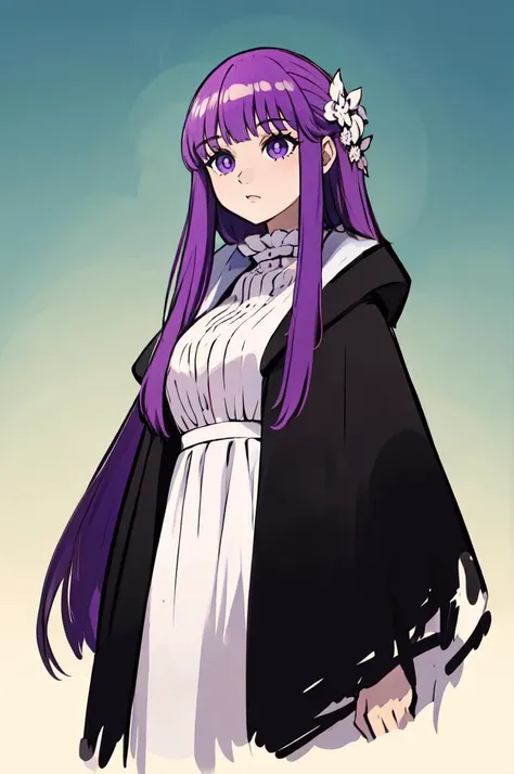 <lora:Sugimori_Ken_Style_v3:0.7> <lora:Fern:1> FernFrieren, very long hair, purple eyes, (purple pupils), white dress, black robe,, absurdres, ultra detailed, masterpiece, best quality, aesthetic, detailed,