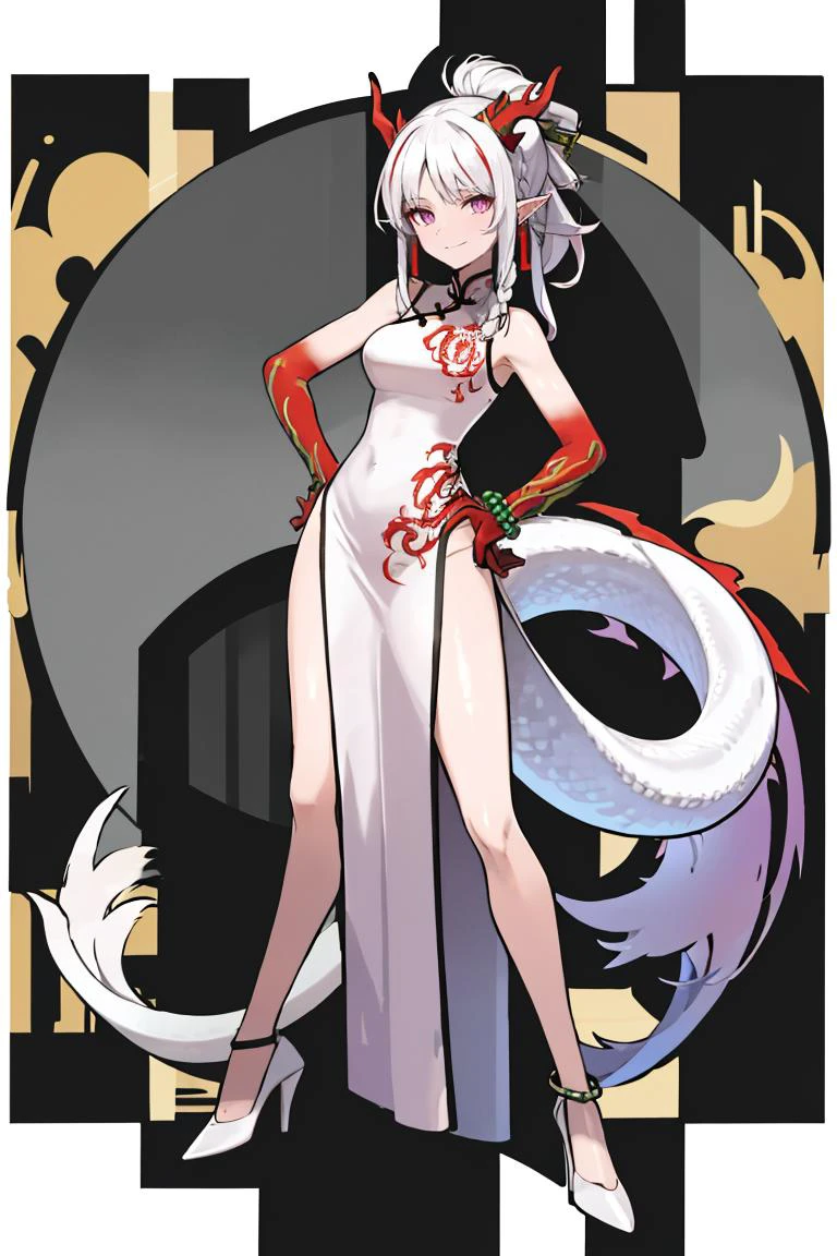 <lora:Sugimori_Ken_Style_v3:0.7>, ((masterpiece,best quality)), absurdres, <lora:Nian_Arknights:0.8>, absurdres, ark line, arknights, bare legs, bare shoulders, bead bracelet, beads, blush, bracelet, braid, breasts, china dress, chinese clothes, closed mouth, colored skin, commentary request, dragon girl, dragon tail, dress, folded fan, folding fan, full body, hand fan, hand on own hip, high heels, highres, holding, holding fan, horns, jewelry, long hair, looking at viewer, medium breasts, nian (arknights), nian (unfettered freedom) (arknights), official alternate costume, pelvic curtain, ponytail, red skin, side braid, sidelocks, sleeveless, sleeveless dress, smile, standing, tail, white background, white dress, white footwear