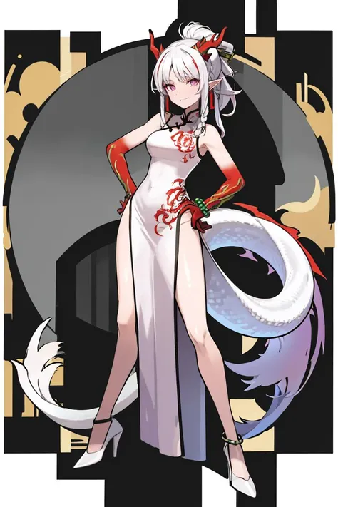 <lora:Sugimori_Ken_Style_v3:0.7>, ((masterpiece,best quality)), absurdres, <lora:Nian_Arknights:0.8>,  absurdres, ark line, arknights, bare legs, bare shoulders, bead bracelet, beads, blush, bracelet, braid, breasts, china dress, chinese clothes, closed mouth, colored skin, commentary request, dragon girl, dragon tail, dress, folded fan, folding fan, full body, hand fan, hand on own hip, high heels, highres, holding, holding fan, horns, jewelry, long hair, looking at viewer, medium breasts, nian (arknights), nian (unfettered freedom) (arknights), official alternate costume, pelvic curtain, ponytail, red skin, side braid, sidelocks, sleeveless, sleeveless dress, smile, standing, tail, white background, white dress, white footwear