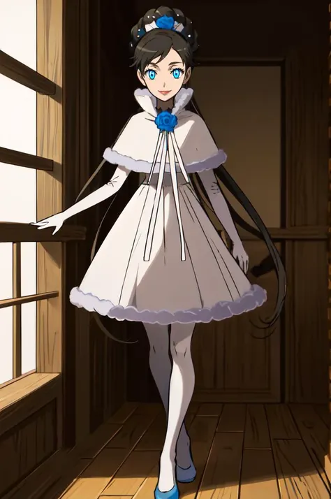 smile, <lora:Diva:0.9> diva_blood, glowing_eyes, white dress, diva_dress2, diva_tied_hair, elbow gloves, <lora:Sugimori_Ken_Style_v3:0.7> full body,, absurdres, ultra detailed, masterpiece, best quality, aesthetic, detailed,