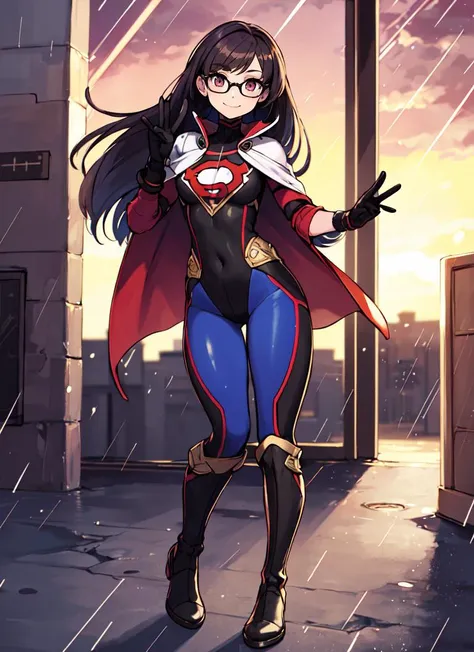 ((best quality)), ((highly detailed)), masterpiece, extremely detailed face, beautiful face, , <lora:more_details:.2>, (1girl), (glasses), dynamic pose, full body, superhero, spandex bodysuit, skin tight clothes, long cape, gloves, knee boots, (flying), smile, (outside, <lora:school_outdoors_v0.2:1>, at a school, building, gate, fence, sunset, raining), <lora:Sugimori_Ken_Style_v3:.7>