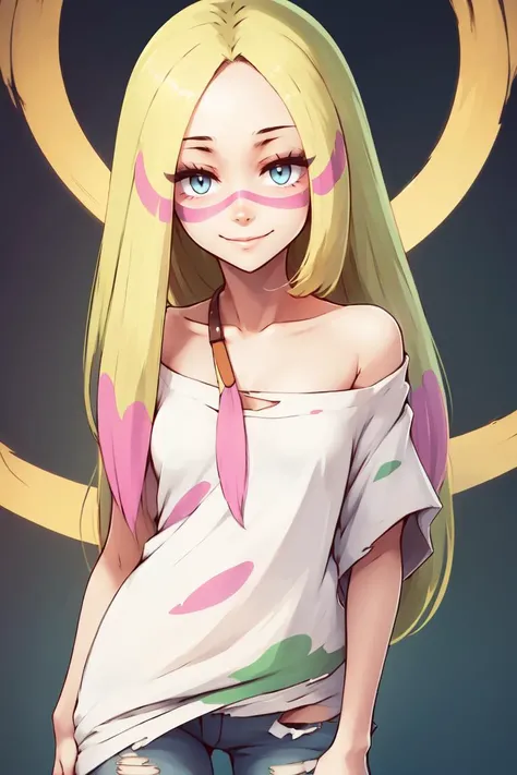 <lora:ricegnat_style:0.8> <lora:Sugimori_Ken_Style_v3:0.4>, anime style, ((masterpiece,best quality)), absurdres, <lora:Mina_Pokemon_v2:0.8>, mina (pokemon), long hair, eyelashes, half-closed eyes, facepaint, collarbone, white shirt, oversized shirt, off shoulder, short sleeves, torn clothes, torn pants, jeans, solo, smile, looking at viewer, cowboy shot,