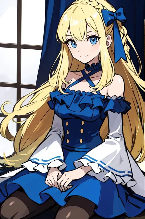 <lora:Sugimori_Ken_Style_v3:0.7>, absurdres, ultra detailed, masterpiece, best quality, aesthetic, detailed,, solo, soft smile, light smile,
katya1, 1girl, blue eyes, very long hair, blonde hair, long blonde hair, french braid, bangs, medium breasts,, hair ribbon, frilled choker, criss-cross halter, sleeveless dress, high-waist skirt, backless dress, waist bow, detached sleeves, frilled sleeves, wide sleeves, pantyhose, patterned legwear, mary janes,