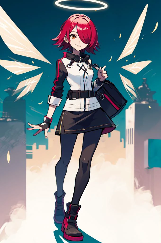<lora:exusiai:1> exusiai, 1girl, solo, red hair, short hair, brown eyes, hair over one eye, halo, jacket, belt, black pantyhose, detached wings, black skirt, fingerless gloves, smile, <lora:Sugimori_Ken_Style_v3:0.7>, absurdres, ultra detailed, masterpiece, best quality, aesthetic, detailed,