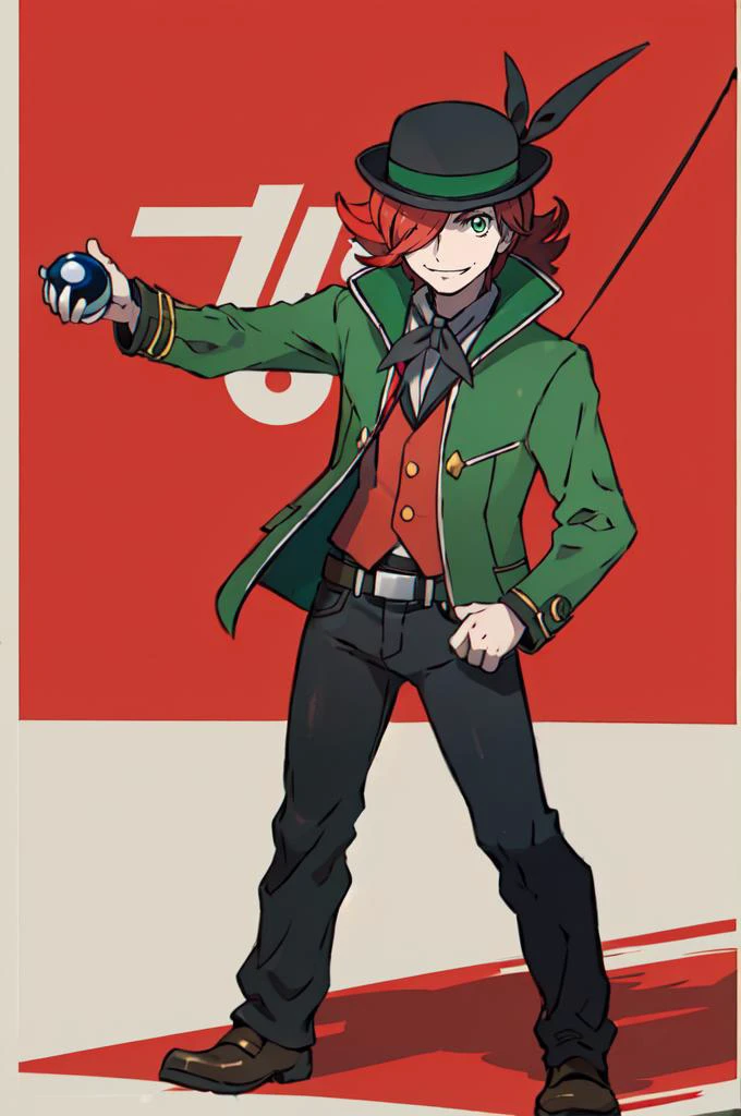 smile, coin on string, <lora:Sugimori_Ken_Style_v3:0.7> full body, holding poke ball, pokemon stadium, <lora:Leprecon_Artist:0.8> 1boy, green eyes, male focus, red hair, hair over one eye, hat, green jacket,, absurdres, ultra detailed, masterpiece, best quality, aesthetic, detailed,