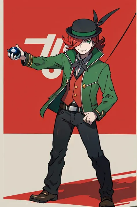 smile, coin on string,  <lora:Sugimori_Ken_Style_v3:0.7> full body, holding poke ball, pokemon stadium,  <lora:Leprecon_Artist:0.8> 1boy,  green eyes, male focus, red hair, hair over one eye, hat, green jacket,, absurdres, ultra detailed, masterpiece, best quality, aesthetic, detailed,