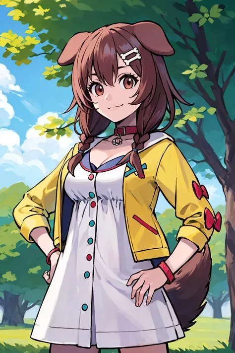 <lora:Sugimori_Ken_Style_v3:0.7>, ((masterpiece,best quality)), ik1, 1girl, white dress, yellow jacket, dog tail, animal collar, cleavage, medium breasts, wristband, cartoon bone, hairclip, <lora:inugami_korone_v1:0.7>, cowboy shot, standing, outdoors, smile, hand on hip,