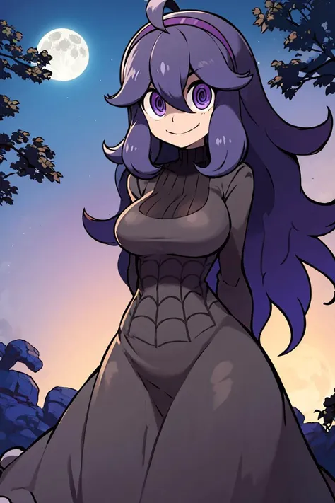 <lora:Sugimori_Ken_Style_v3:0.7>, ((masterpiece,best quality)), aahex, hex maniac \(pokemon\), smile, long hair, ahoge, purple hairband, purple eyes, @_@, large breasts, long dress, black dress, long sleeves, <lora:hex_maniac_v1:0.7>, arms behind back, outdoors, full moon,