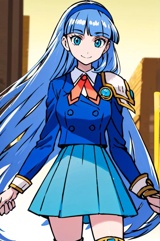 <lora:umi_ryuuzaki_shoulder_armor:1> 1girl, umi ryuuzaki, hairband, armor shoulder armor, blue skirt, smile, <lora:Sugimori_Ken_Style_v3:0.7>, absurdres, ultra detailed, masterpiece, best quality, aesthetic, detailed,